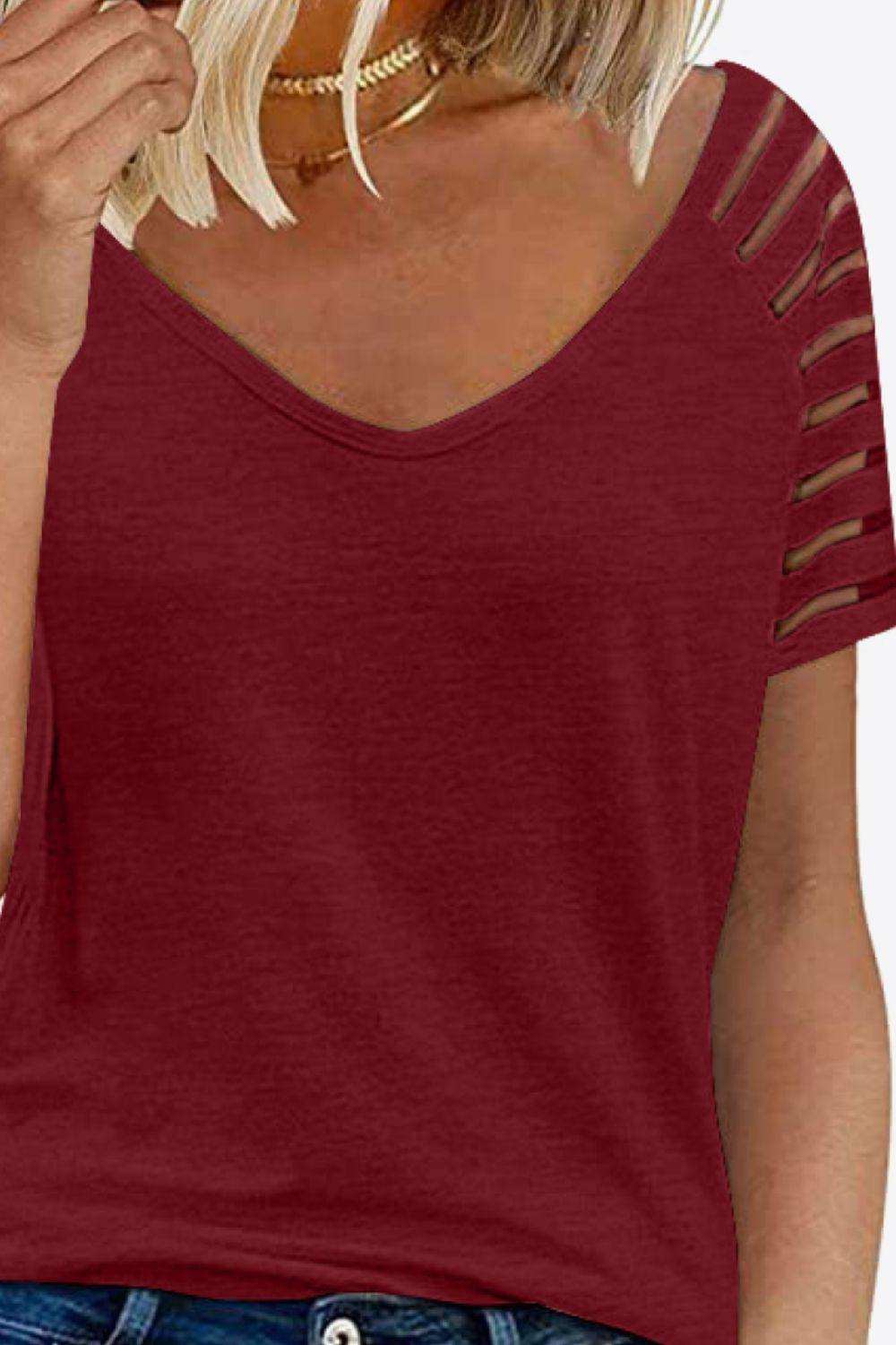 V-Neck Raglan Sleeve Tee - Trendsi - Flyclothing LLC