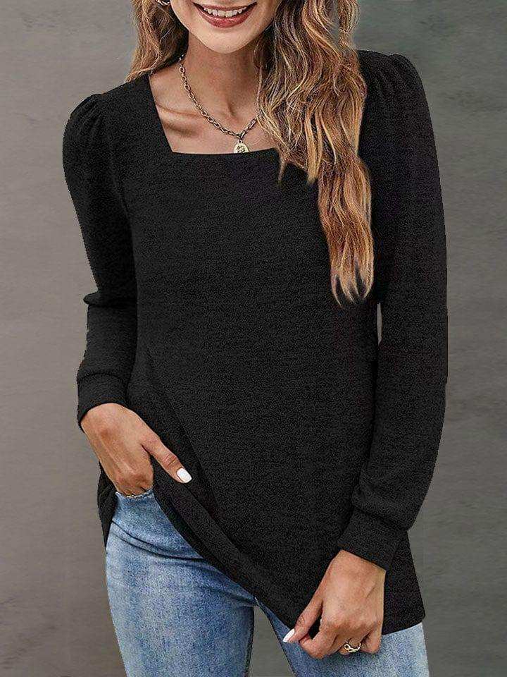 Heathered Square Neck Long Sleeve T-Shirt - Trendsi - Flyclothing LLC