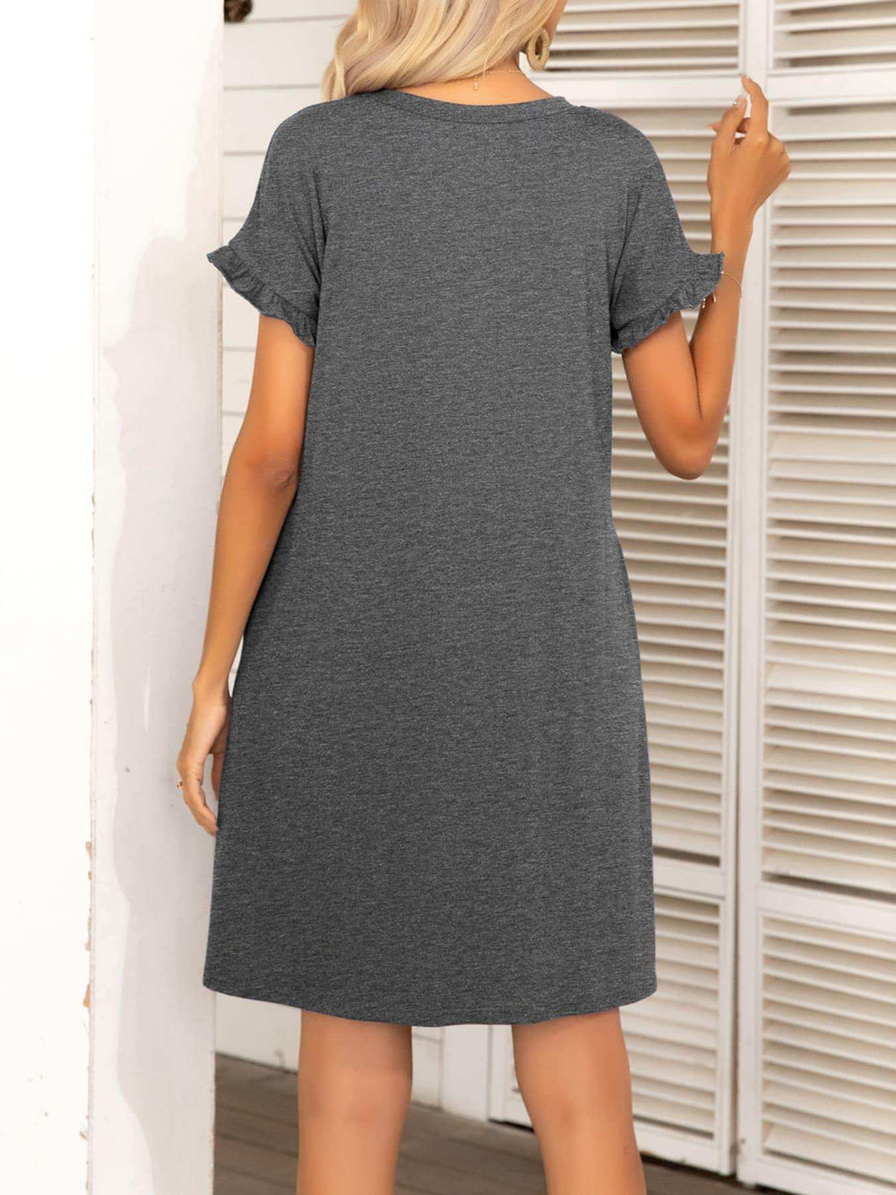 Round Neck Flounce Sleeve Dress with Pockets - Trendsi - Flyclothing LLC