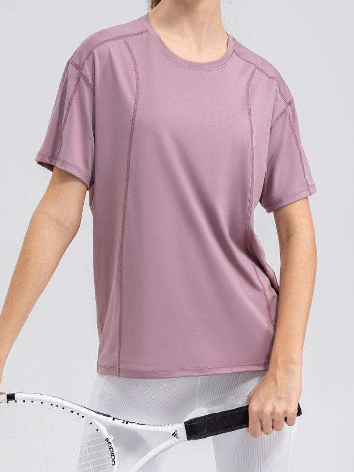 Round Neck Short Sleeve Active Top - Trendsi - Flyclothing LLC