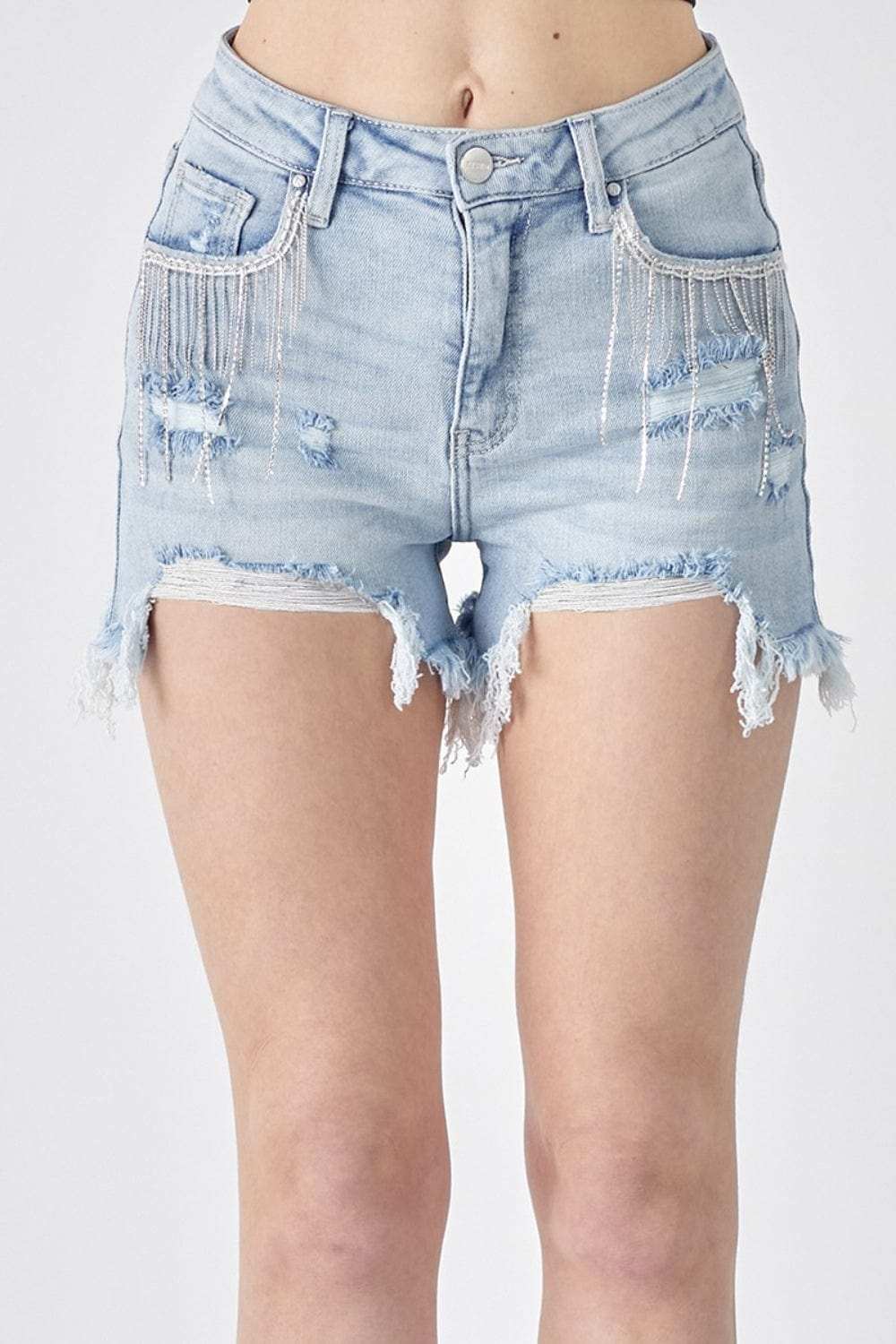 RISEN Frayed Hem Denim Shorts with Fringe Detail Pockets - Trendsi - Flyclothing LLC
