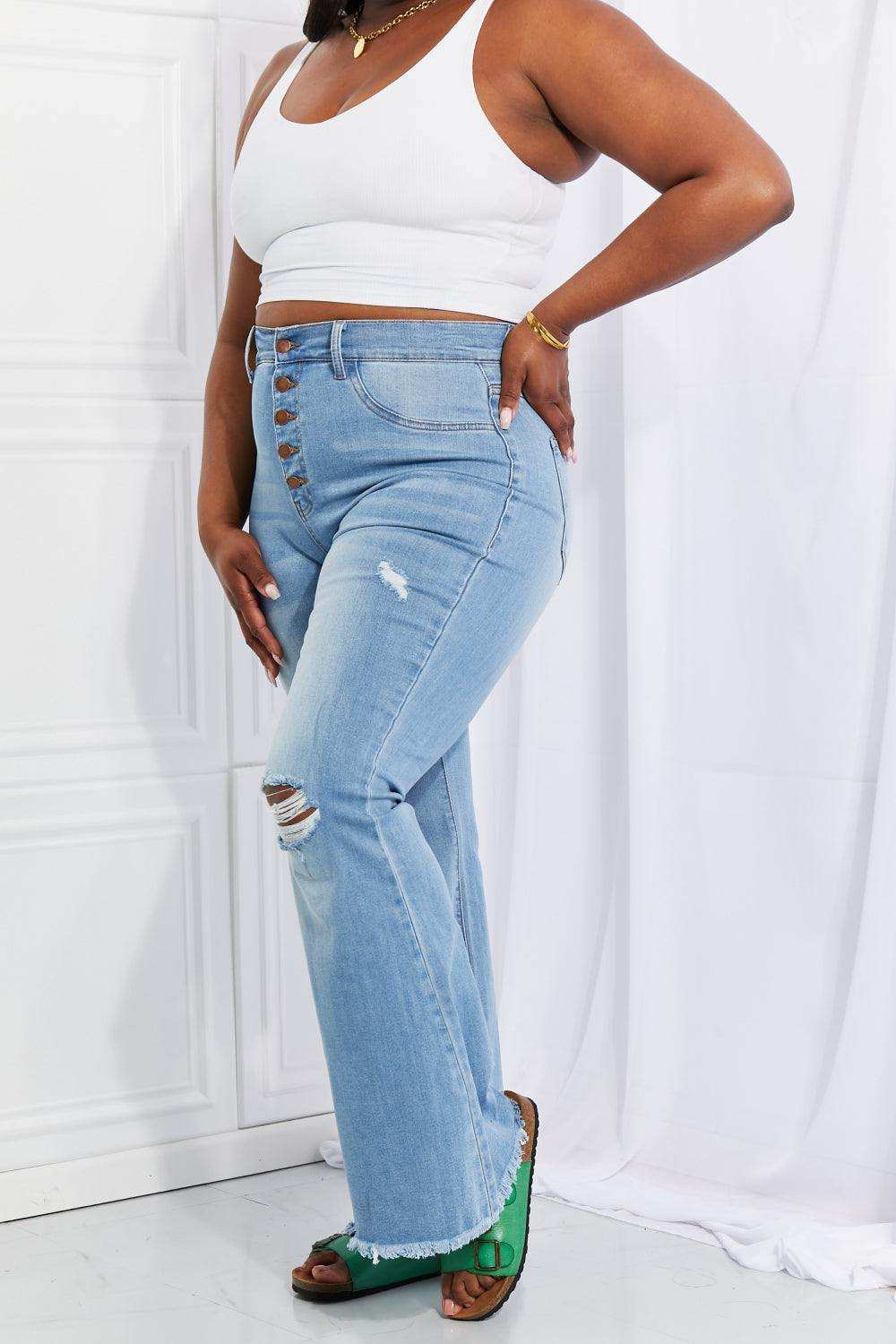 Vibrant MIU Full Size Jess Button Flare Jeans - Trendsi - Flyclothing LLC