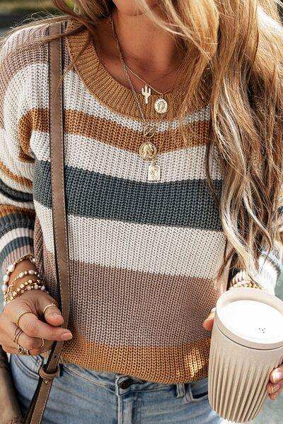 Striped Round Neck Dropped Shoulder Sweater - Trendsi - Flyclothing LLC
