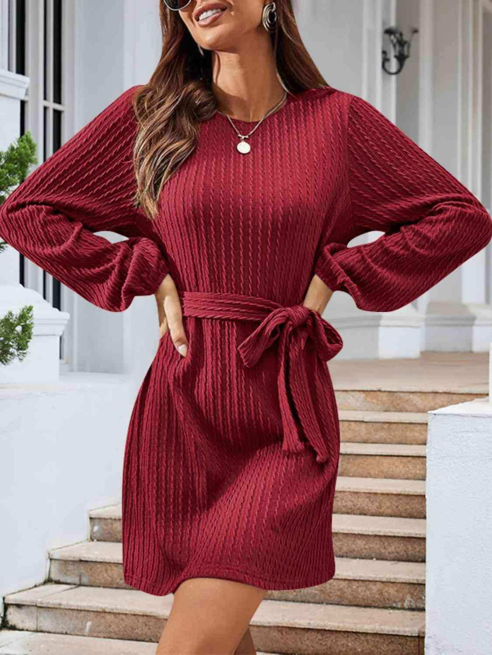 Round Neck Tie Front Long Sleeve Dress - Trendsi - Flyclothing LLC