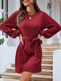 Round Neck Tie Front Long Sleeve Dress - Trendsi - Flyclothing LLC