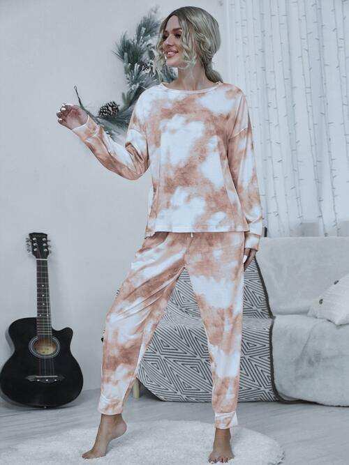Tie-dye Round Neck Top and Drawstring Pants Lounge Set - Trendsi - Flyclothing LLC