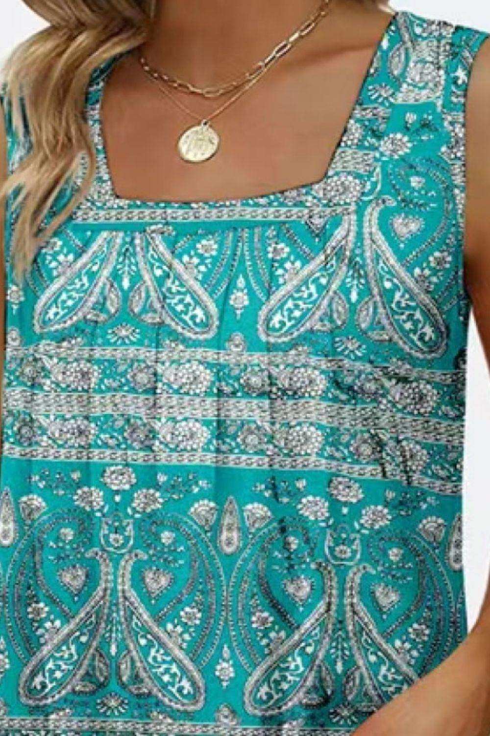 Printed Square Neck Curved Hem Tank - Trendsi - Flyclothing LLC