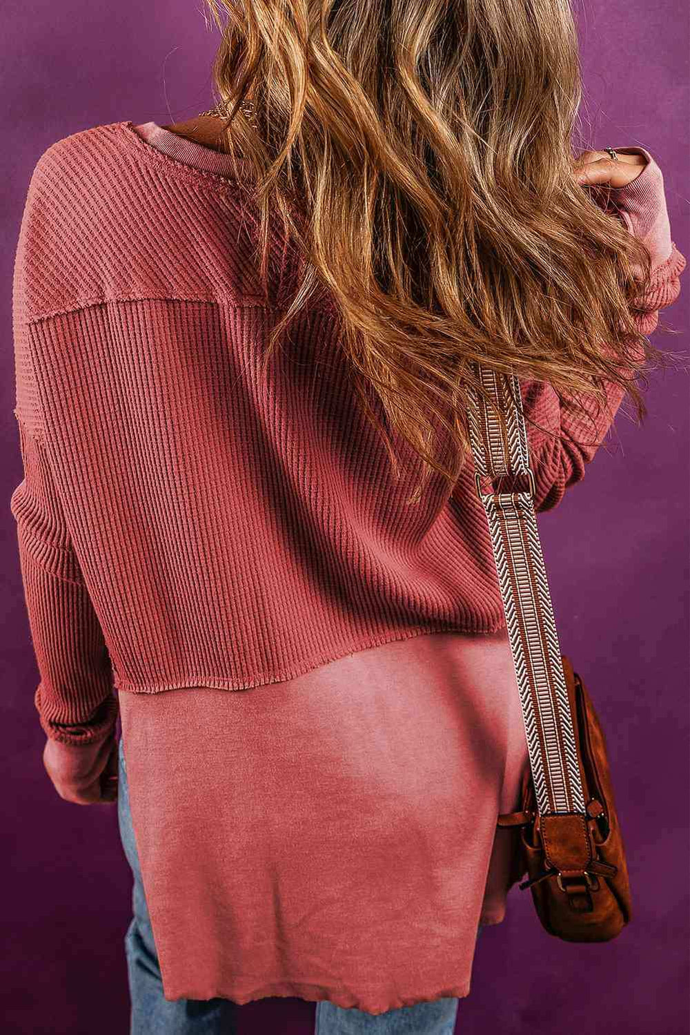 Notched Neck Long Sleeve Slit Blouse - Trendsi - Flyclothing LLC