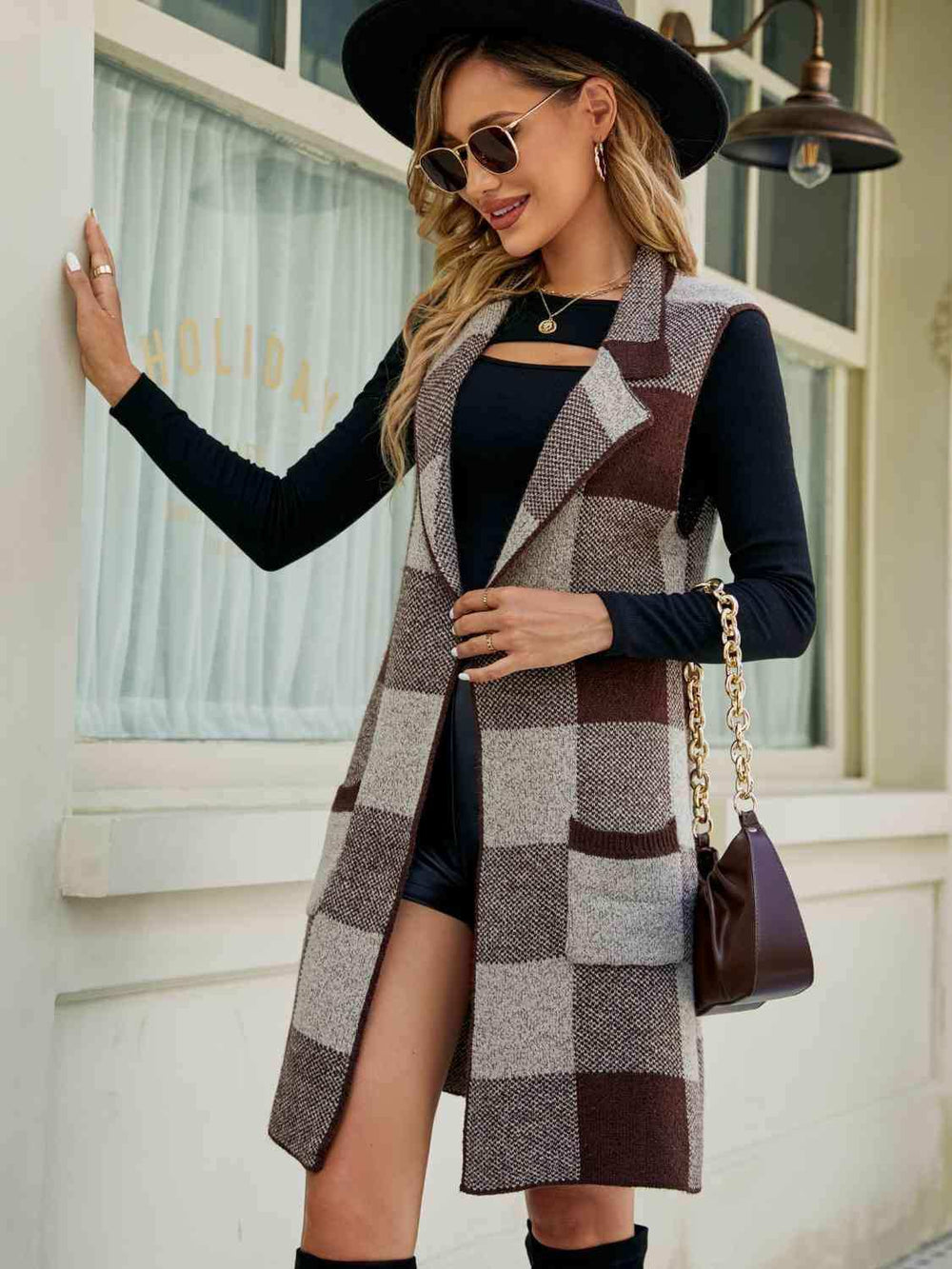 Plaid Lapel Collar Sleeveless Cardigan - Trendsi - Flyclothing LLC