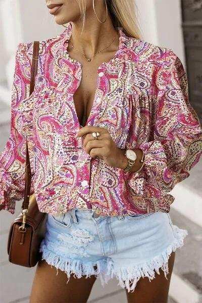 Printed Frill Flounce Sleeve Shirt - Trendsi - Flyclothing LLC