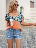 Leopard Waffle-Knit Short Sleeve Top - Trendsi - Flyclothing LLC