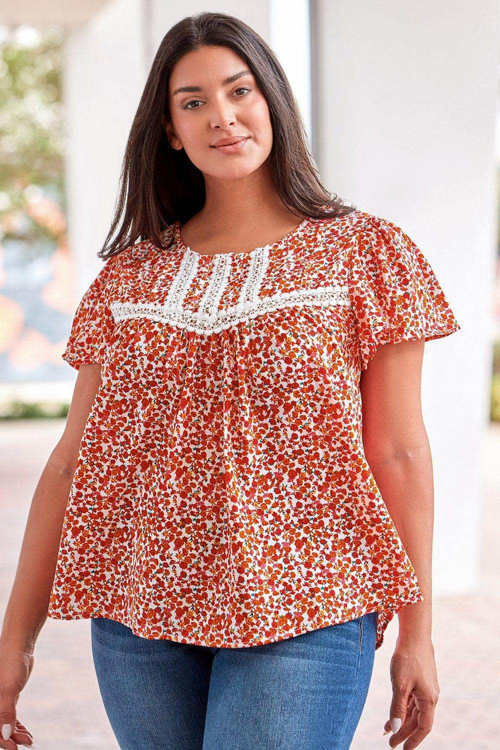 Plus Size Floral Lace Trim Round Neck Blouse - Trendsi - Flyclothing LLC