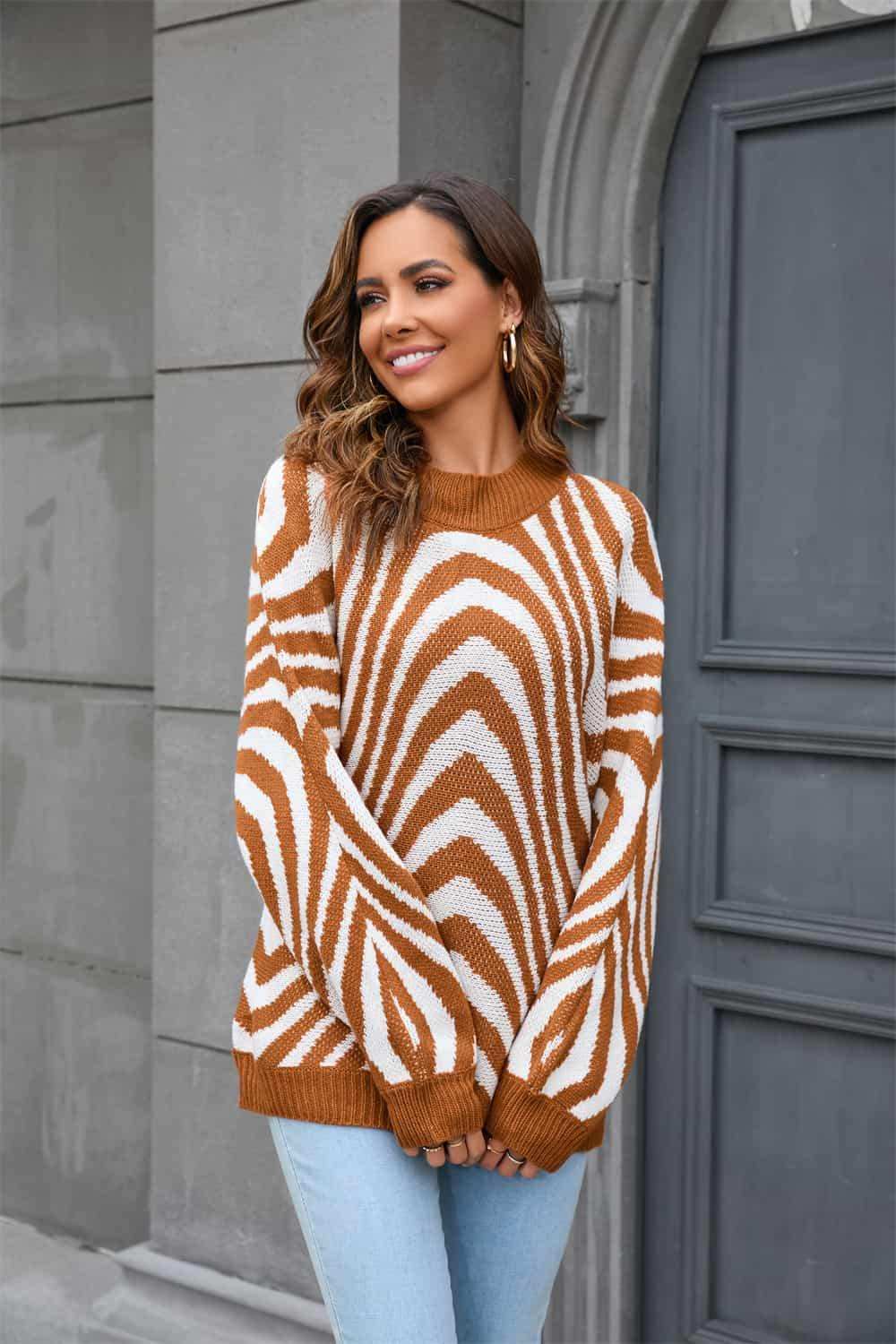 Printed Round Neck Long Sleeve Pullover Sweater - Trendsi - Flyclothing LLC