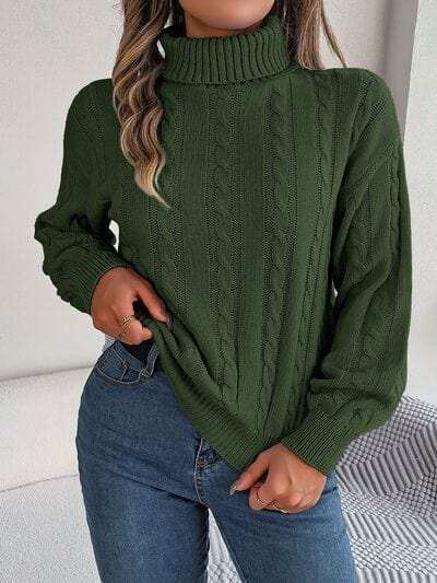 Cable-Knit Turtleneck Dropped Shoulder Sweater - Trendsi - Flyclothing LLC