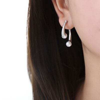 Synthetic Pearl Asymmetrical Titanium Steel Earrings - Trendsi - Flyclothing LLC