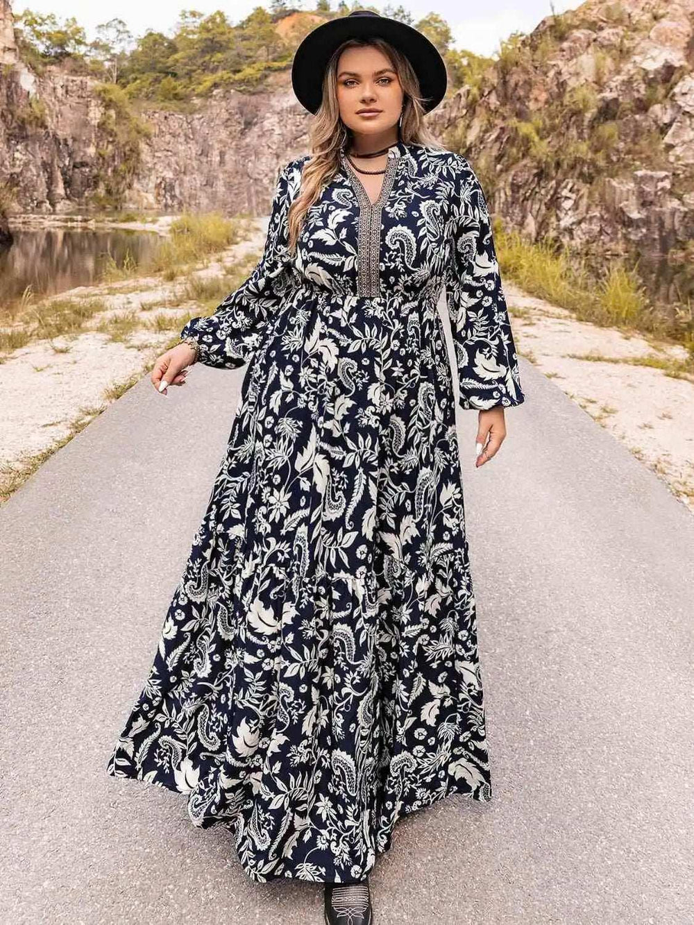 Plus Size Long Sleeve Maxi Dress - Trendsi - Flyclothing LLC