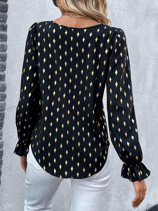 Printed Round Neck Flounce Sleeve Blouse - Trendsi - Flyclothing LLC