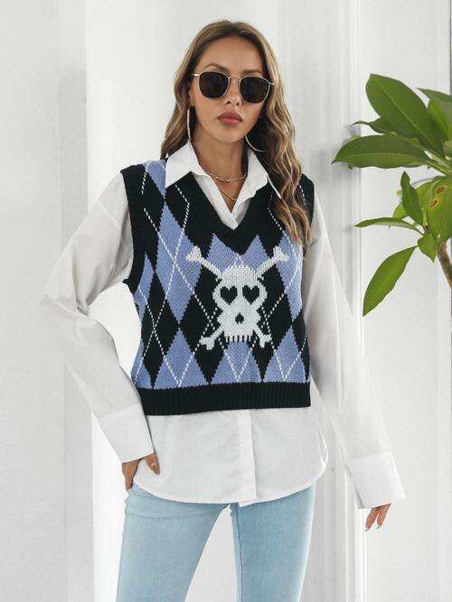 Skull Geometric V-Neck Sweater Vest - Trendsi - Flyclothing LLC