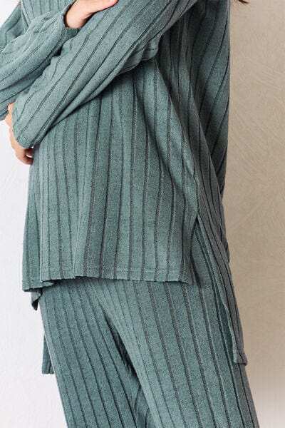 Basic Bae Full Size Ribbed Round Neck High-Low Slit Top and Pants Set - Trendsi - Flyclothing LLC