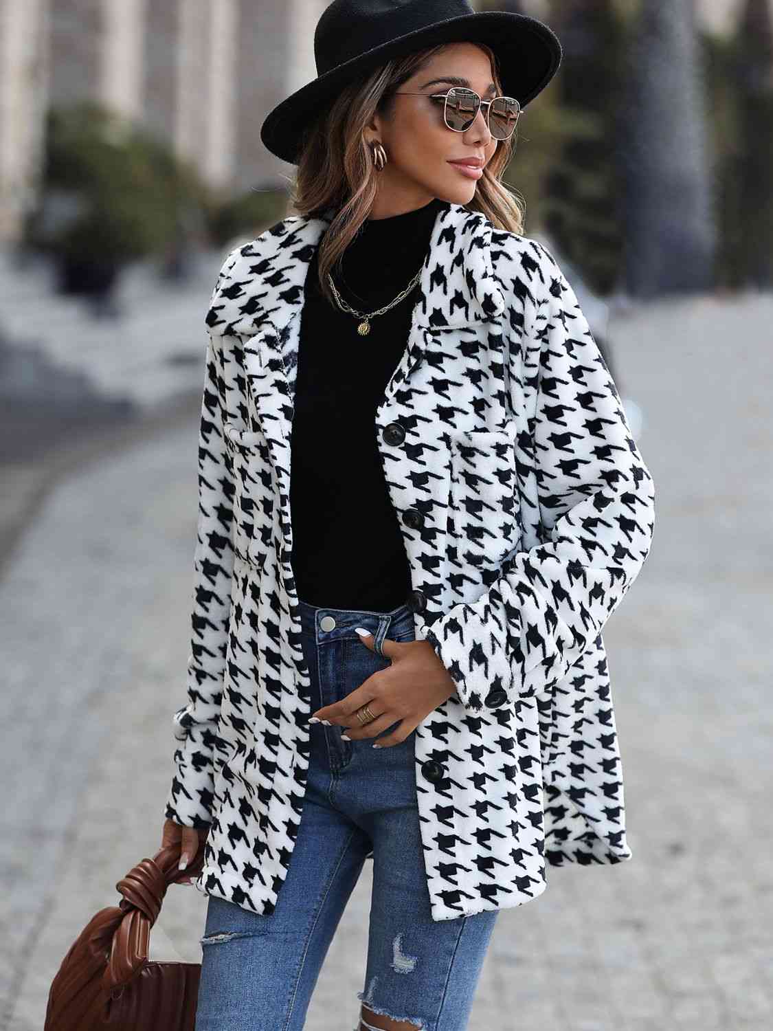 Houndstooth Button Down Jacket - White / S