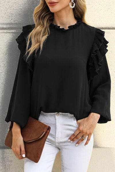 Ruffled Round Neck Long Sleeve Blouse - Trendsi - Flyclothing LLC
