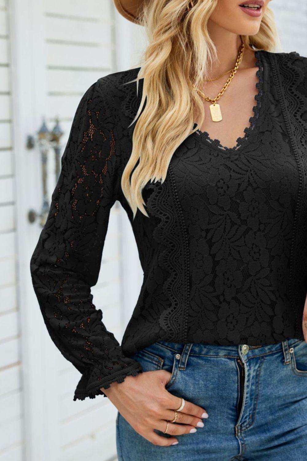 V-Neck Flounce Sleeve Lace Top - Trendsi - Flyclothing LLC