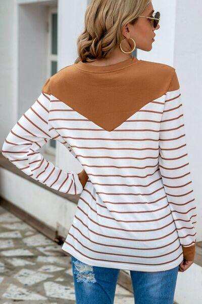 Striped Round Neck Long Sleeve T-Shirt - Trendsi - Flyclothing LLC