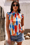 Brush Stroke Ruffle Shoulder Mock Neck Top - Trendsi - Flyclothing LLC