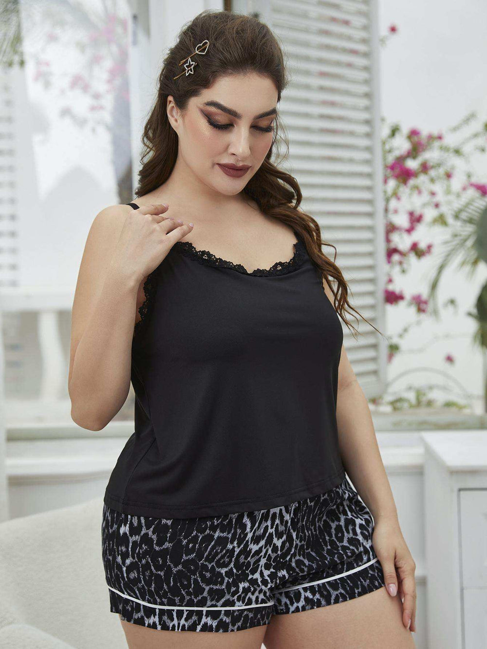 Plus Size Lace Trim Scoop Neck Cami and Printed Shorts Pajama Set - Trendsi - Flyclothing LLC