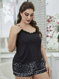 Plus Size Lace Trim Scoop Neck Cami and Printed Shorts Pajama Set - Trendsi - Flyclothing LLC
