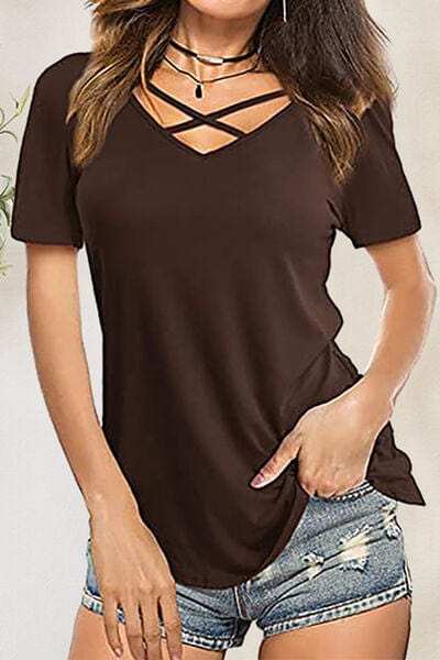 Crisscross Short Sleeve T-Shirt - Trendsi - Flyclothing LLC