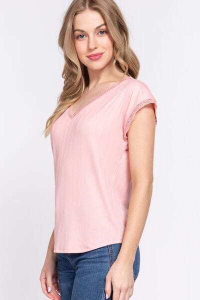 ACTIVE BASIC Lace Trim V-Neck Short Sleeve Ribbed Top - Trendsi - Flyclothing LLC