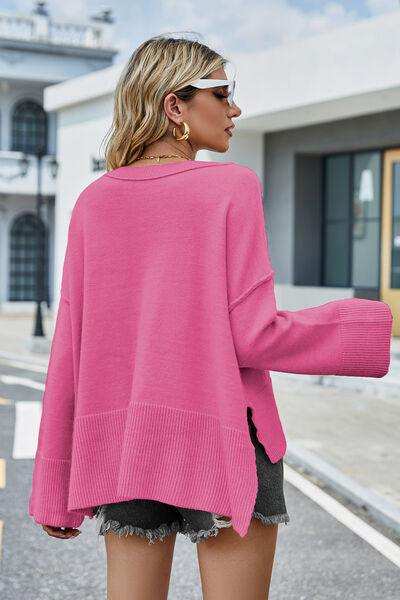 High-Low Slit Round Neck Long Sleeve Sweater - Trendsi - Flyclothing LLC