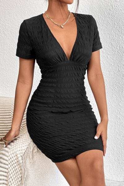 Ruched V-Neck Short Sleeve Dress - Trendsi - Flyclothing LLC