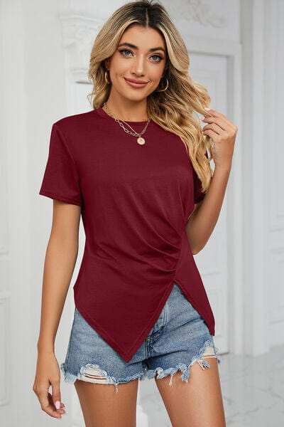 Ruched Round Neck Short Sleeve T-Shirt - Trendsi - Flyclothing LLC