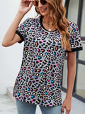 Leopard Round Neck Short Sleeve Tee Shirt - Trendsi - Flyclothing LLC