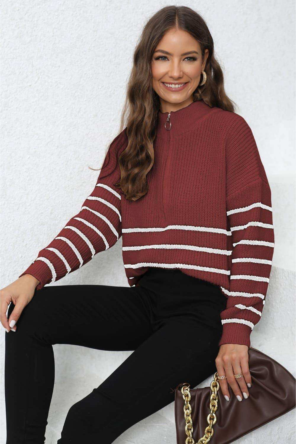 Mock Neck Long Sleeve Zip-Up Sweater - Trendsi - Flyclothing LLC