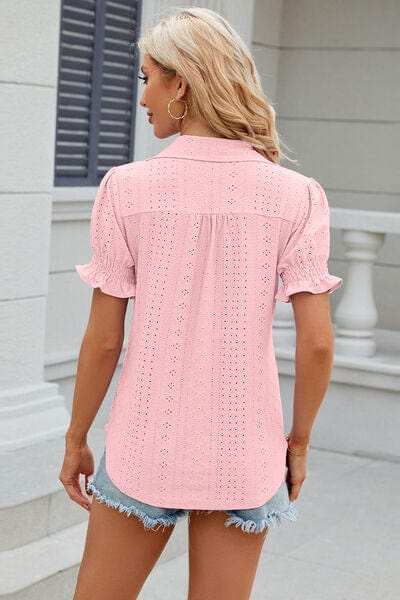 Eyelet Johnny Collar Short Sleeve Blouse - Trendsi - Flyclothing LLC