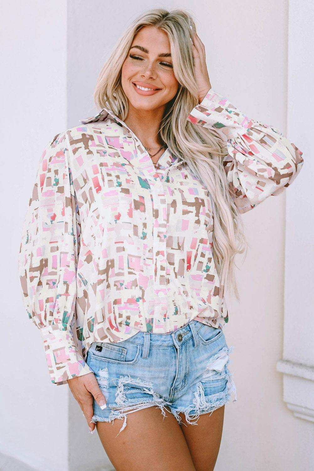 Printed Collared Neck Long Sleeve Shirt - Trendsi - Flyclothing LLC