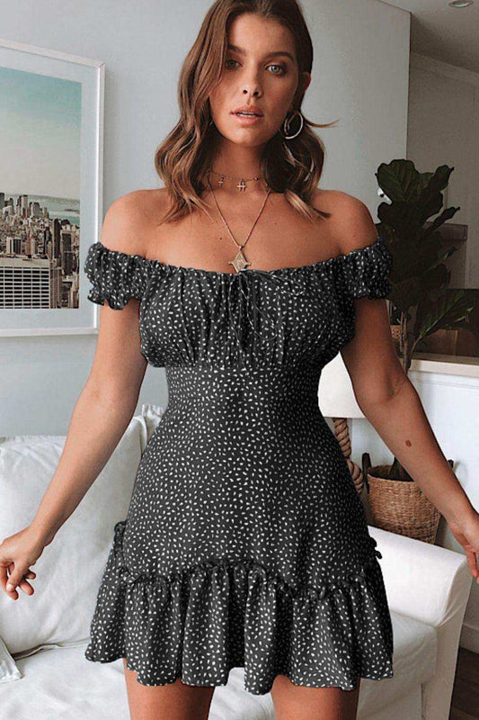 Printed Off-Shoulder Ruffle Hem Dress - Trendsi - Flyclothing LLC