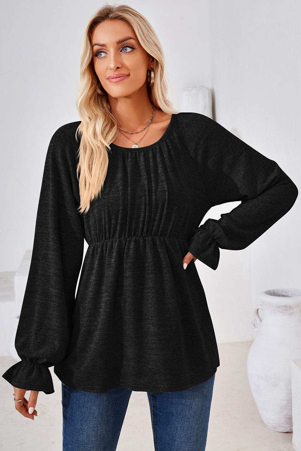 Ruched Round Neck Flounce Sleeve Blouse - Trendsi - Flyclothing LLC