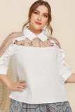 Plus Size Embroidered Ruffle Trim Collared Half Sleeve Blouse - Trendsi - Flyclothing LLC
