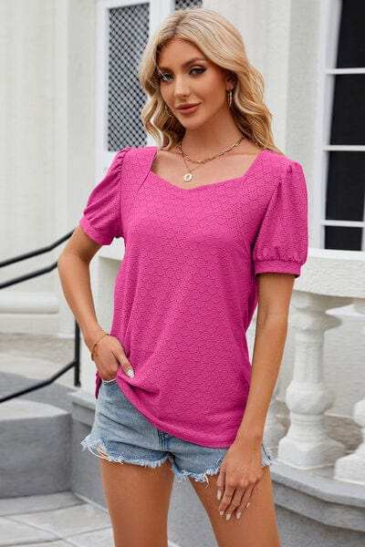 Eyelet Short Sleeve T-Shirt - Trendsi - Flyclothing LLC