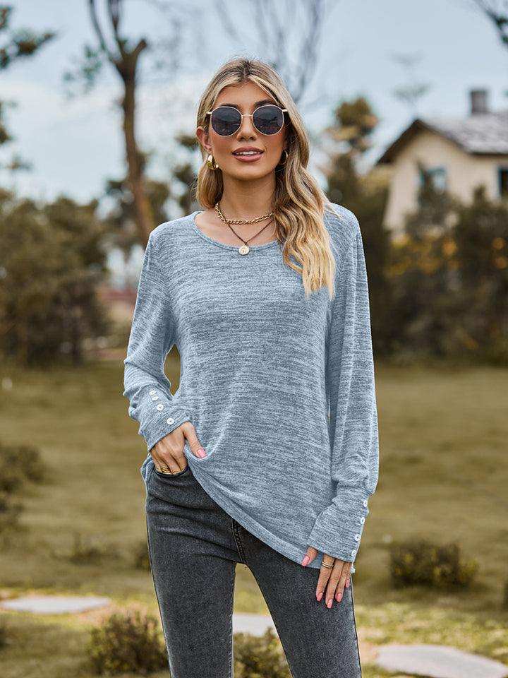 Round Neck Long Sleeve Buttoned T-Shirt - Trendsi - Flyclothing LLC
