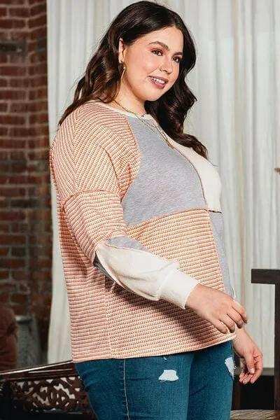 Plus Size Exposed Seam Color Block Round Neck Sweatshirt - Trendsi - Flyclothing LLC