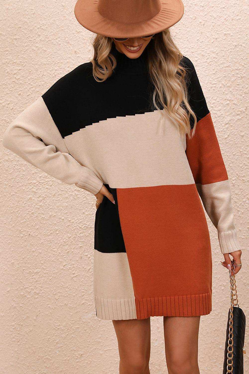Color Block Mock Neck Dropped Shoulder Sweater Dress - Trendsi - Flyclothing LLC