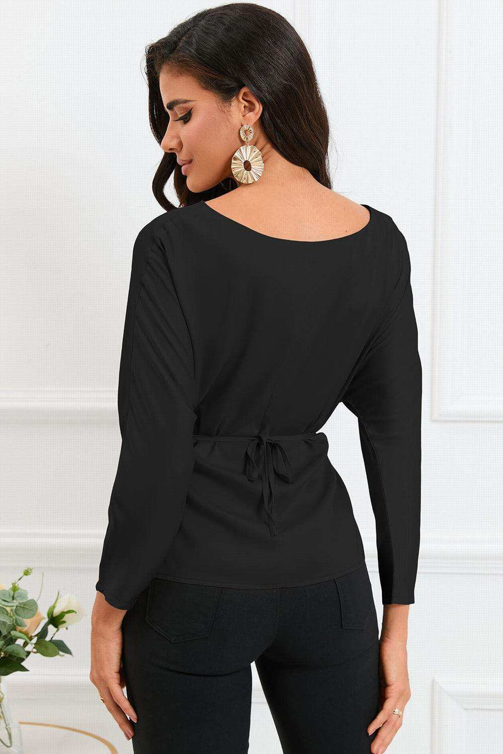 Boat Neck Back Tie Long Sleeve Satin Blouse - Trendsi - Flyclothing LLC