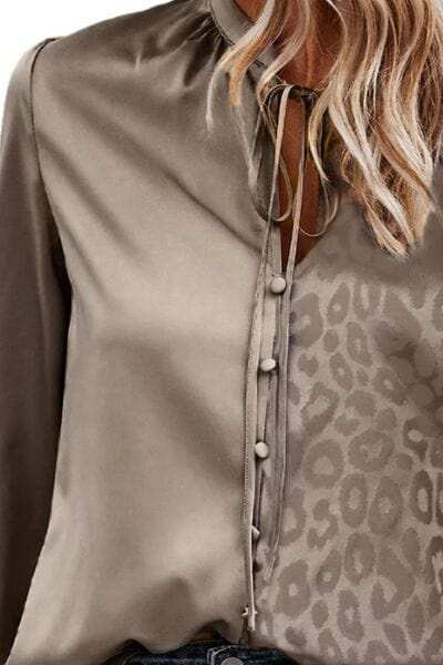 Leopard Tie Neck Long Sleeve Blouse - Trendsi - Flyclothing LLC