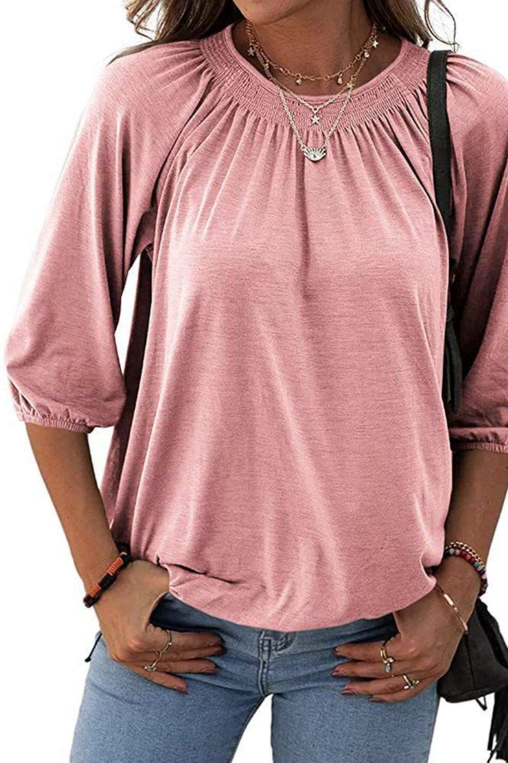 Gathered Detail Round Neck T-Shirt - Trendsi - Flyclothing LLC
