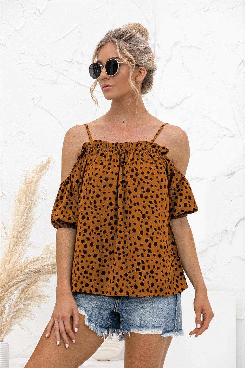 Printed Cold-Shoulder Frill Trim Blouse - Trendsi - Flyclothing LLC